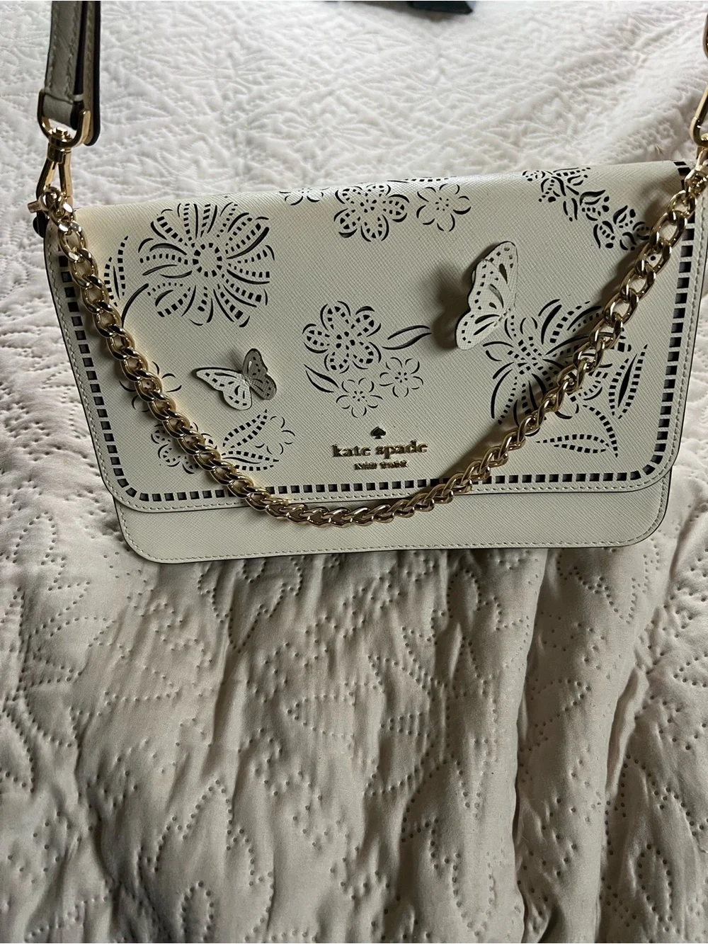 kate spade White Laser-Cut Floral & Butterfly Crossbody with Gold Chain